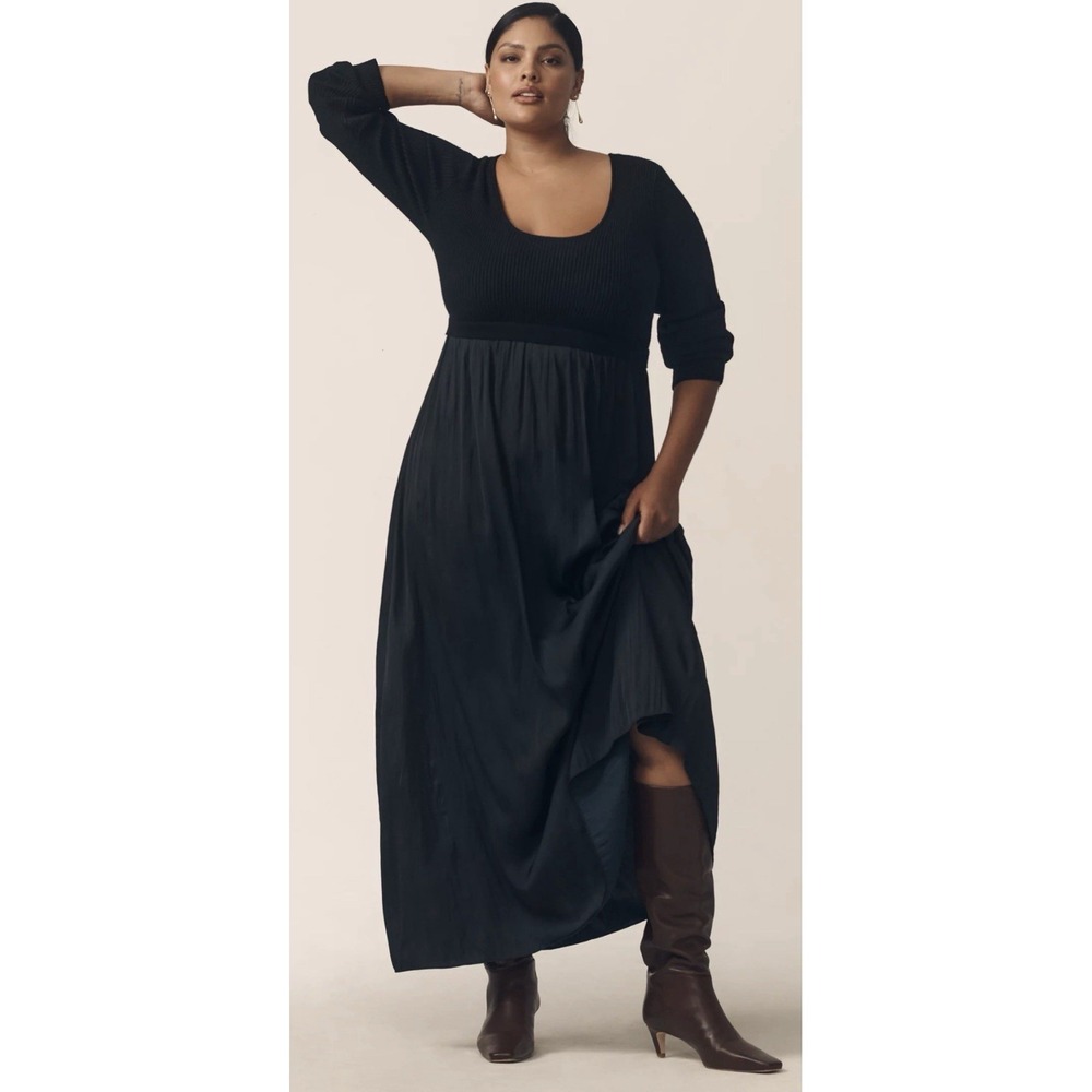 Anthropologie Thea Twofer Sweater Dress‎ Black Scoop Neck Maxi Knit Boho Fall 2X